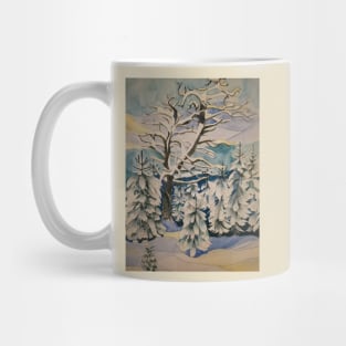 A winter snowscene with trees and mountains in watercolour. Mug